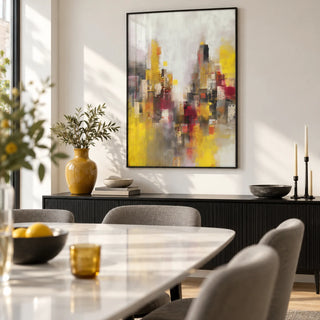 Abstract Cityscape Art Print, framed on the wall of a modern dining room with a white wall