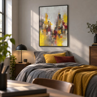Abstract Cityscape Art Print, framed on the wall of a young adult's bedroom (18-25) with a light grey wall