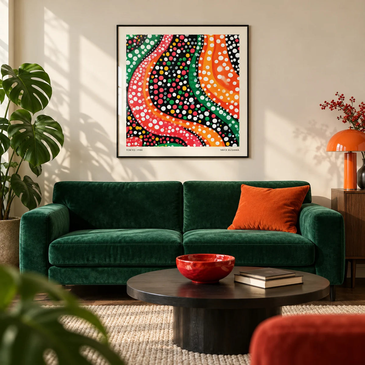 Abstract Colorful Art, framed on the wall of a bold design-led living room with a warm white wall and a dark oak floor