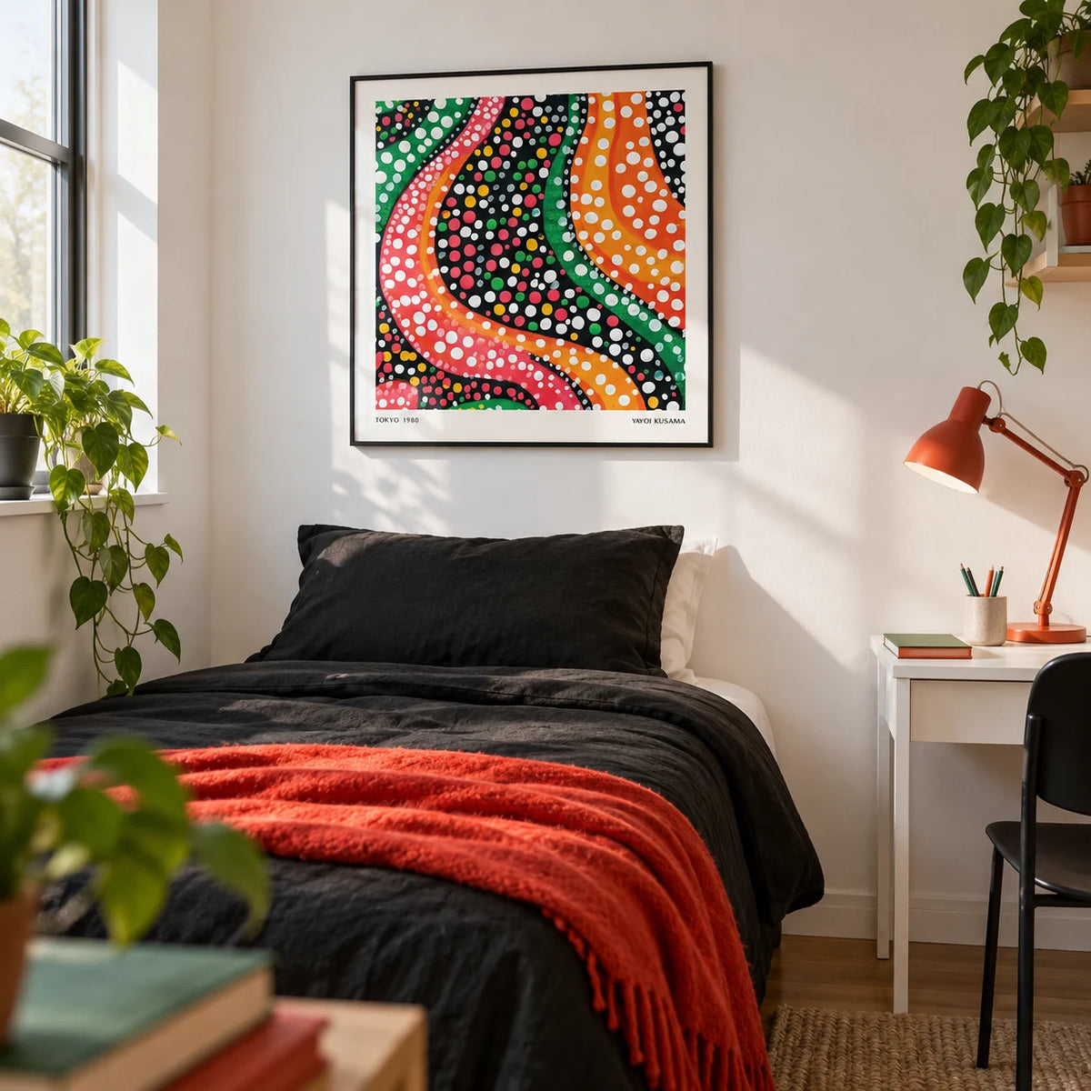 Abstract Colorful Art, framed on the wall of a bright single bedroom for a young adult (18-25) with a white wall