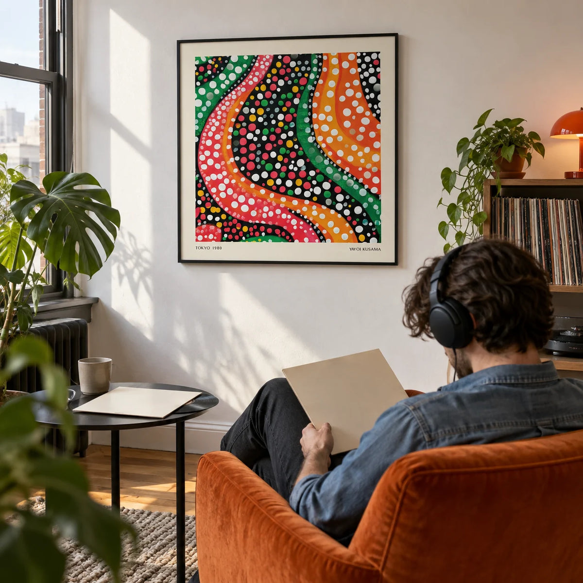 Abstract Colorful Art, framed on the wall of a creative studio in a city flat with a white wall in a home office