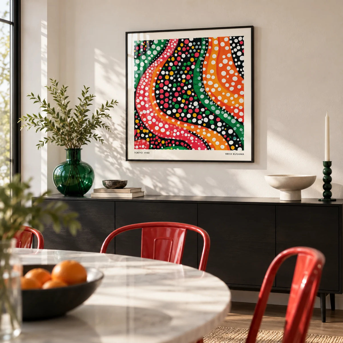 Abstract Colorful Art, framed on the wall of a modern dining room with a soft white wall
