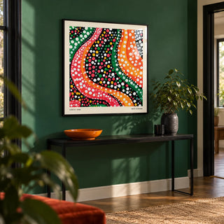 Abstract Colorful Art, framed on the wall of a modern hallway with an emerald green painted wall