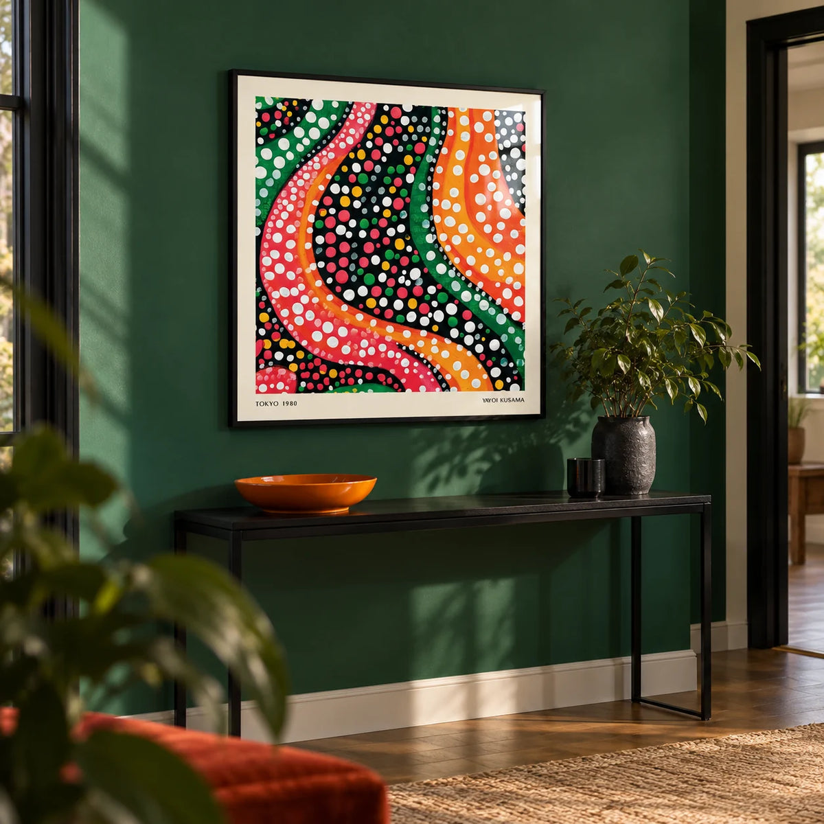 Abstract Colorful Art, framed on the wall of a modern hallway with an emerald green painted wall