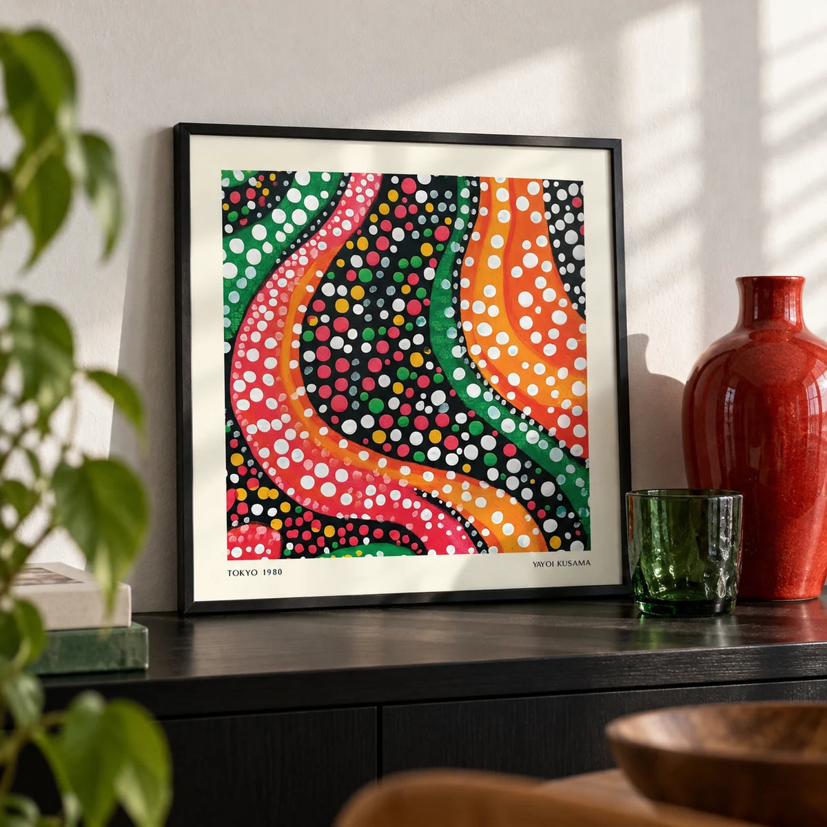 Abstract Colorful Art, a small A4 framed print leaning on a black shelf in a living room