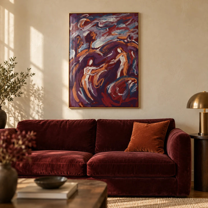 Abstract Couple Art Print, framed on the wall of a art lover's living room with a warm cream plaster wall
