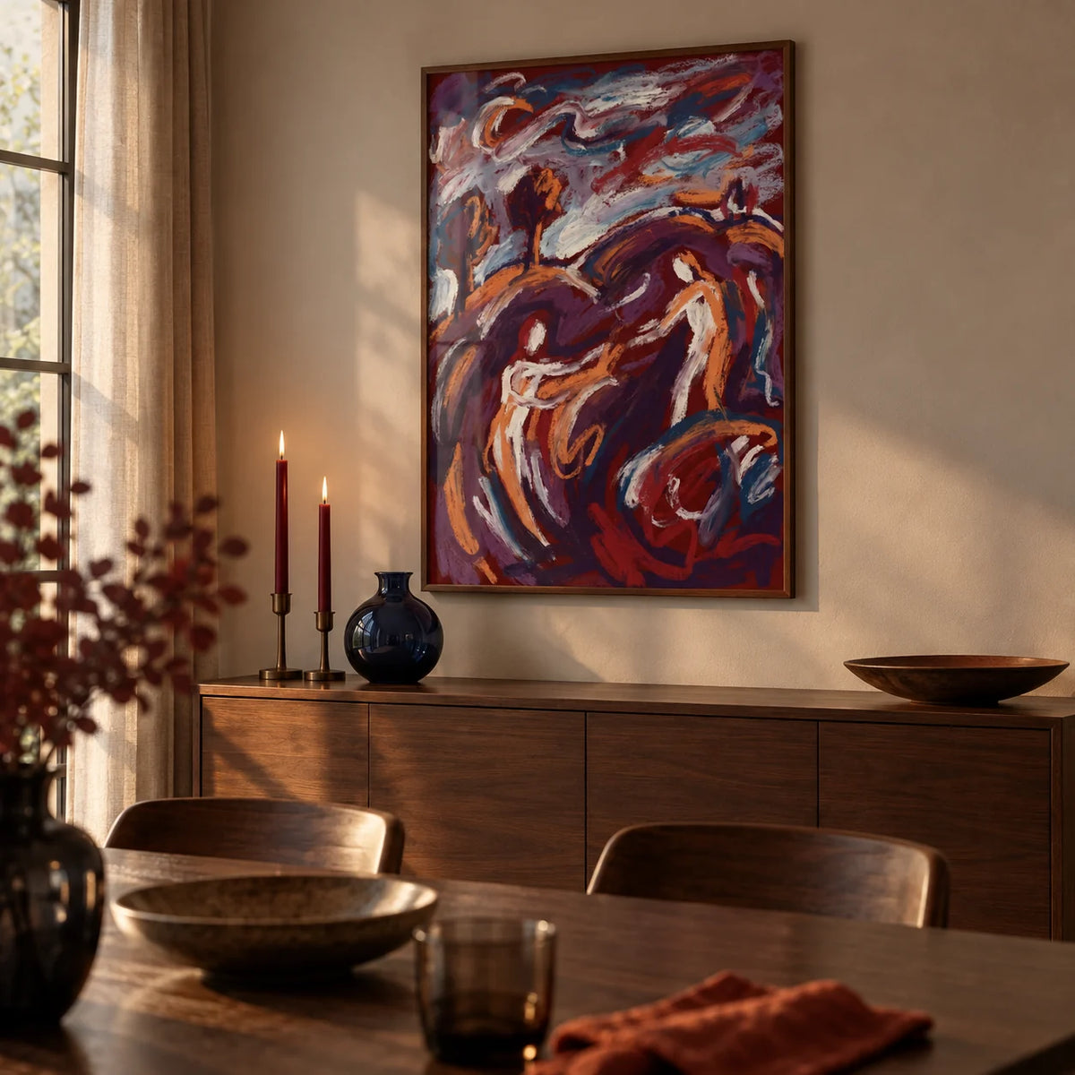 Abstract Couple Art Print, framed on the wall of a candlelit dining room