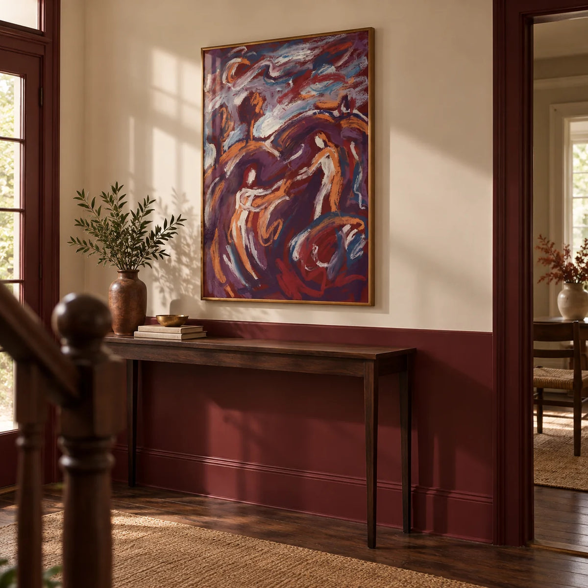 Abstract Couple Art Print, framed on the wall of a characterful hallway with a burgundy painted lower wall and cream above