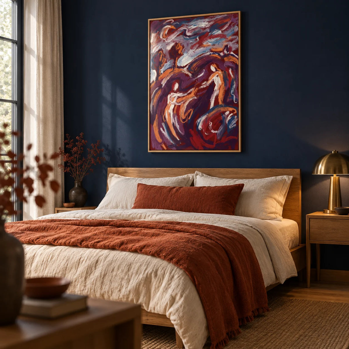 Abstract Couple Art Print, framed on the wall of a romantic bedroom with a deep navy painted wall