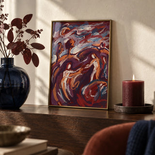 Abstract Couple Art Print, a small A4 framed print leaning on a dark wood shelf in a living room