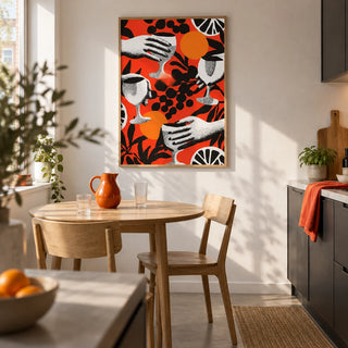 Abstract Drink Wall Art, framed on the wall of a bright compact kitchen in a first flat for a couple aged 25-30