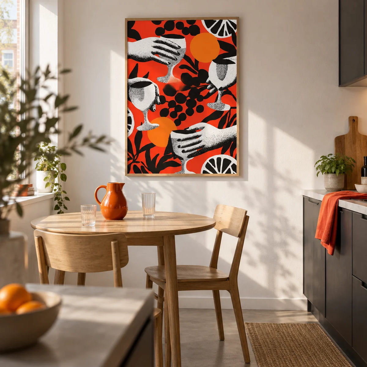 Abstract Drink Wall Art, framed on the wall of a bright compact kitchen in a first flat for a couple aged 25-30