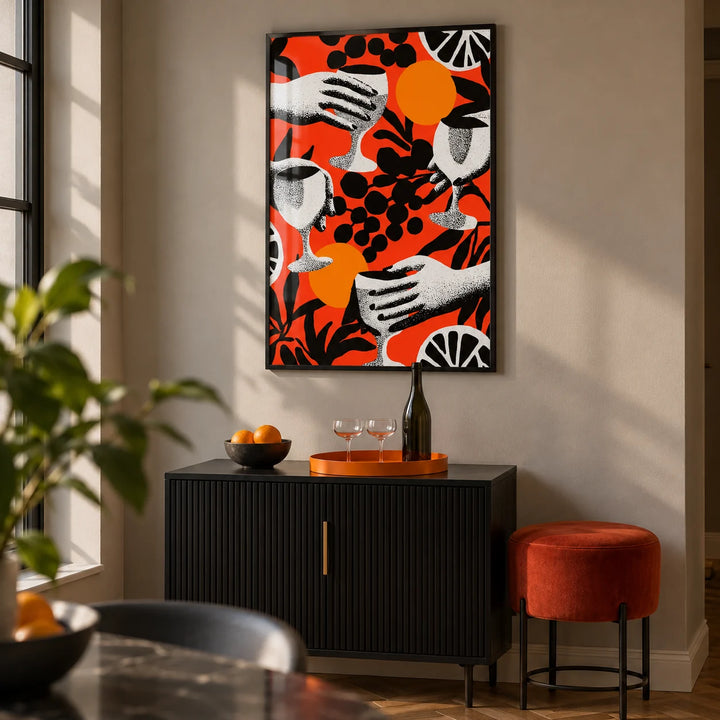 Abstract Drink Wall Art, framed on the wall of a compact home bar alcove in a modern UK flat with a warm grey wall in a living room