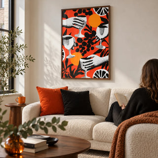 Abstract Drink Wall Art, framed on the wall of a design-led living room in a UK city flat with a soft white wall and walnut furniture