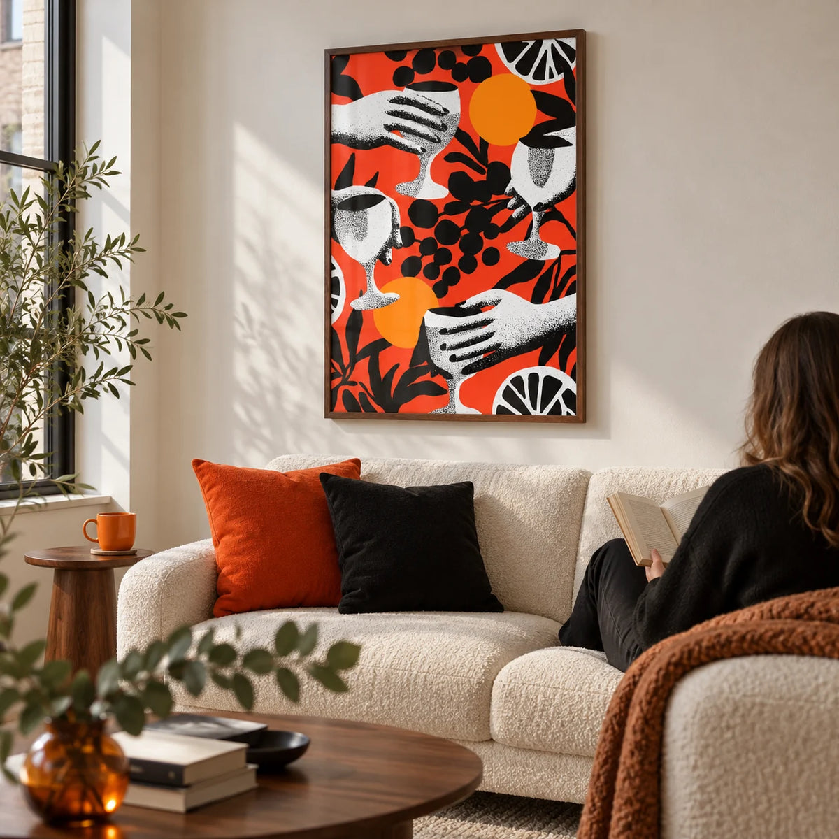Abstract Drink Wall Art, framed on the wall of a design-led living room in a UK city flat with a soft white wall and walnut furniture