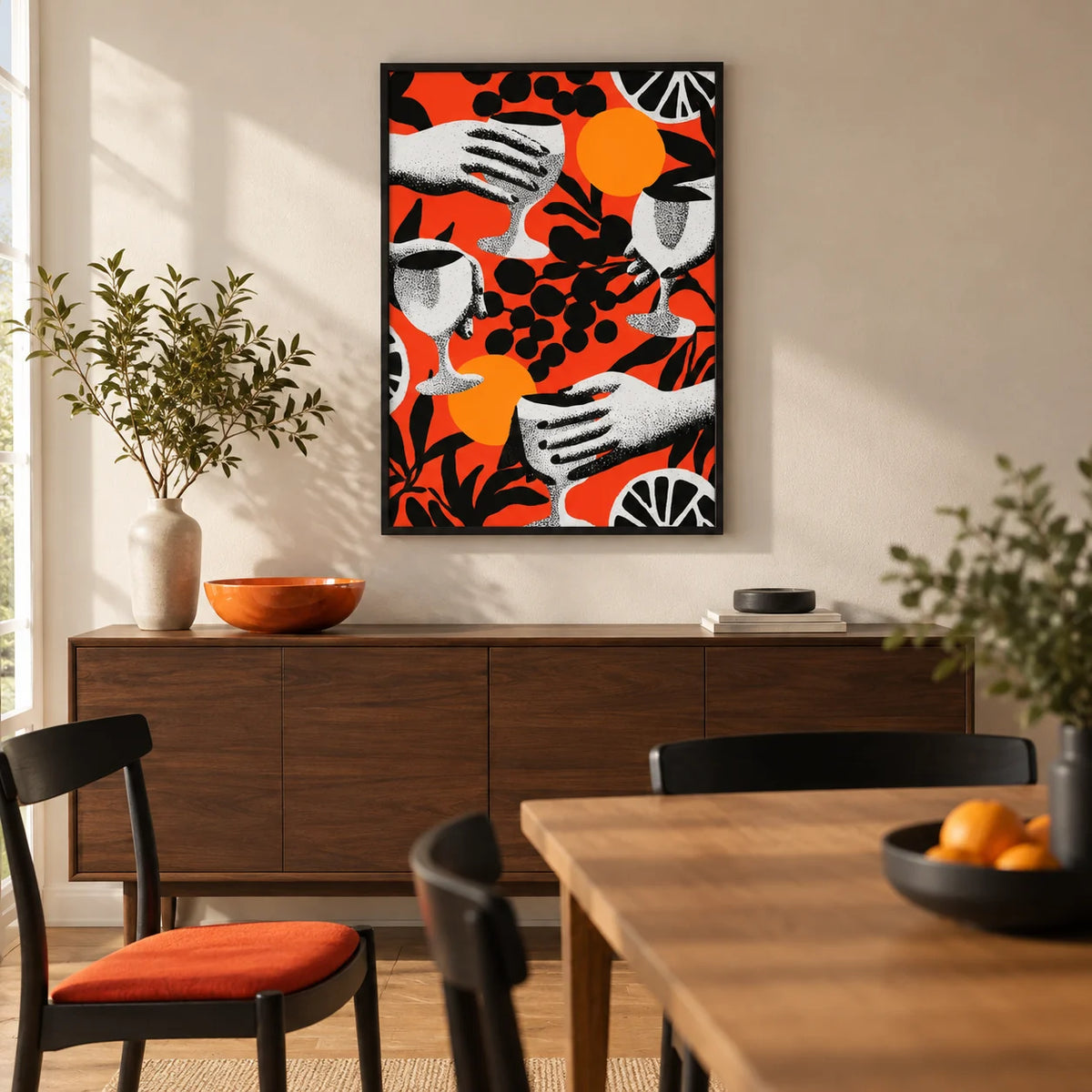 Abstract Drink Wall Art, framed on the wall of a modern dining room in a UK terraced house with a warm white wall and oak floor