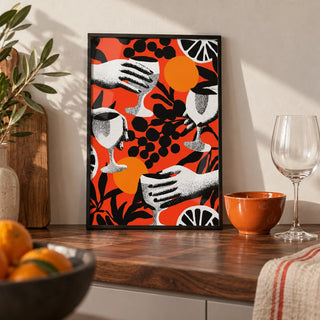 Abstract Drink Wall Art, a small A4 framed print leaning on a walnut kitchen worktop