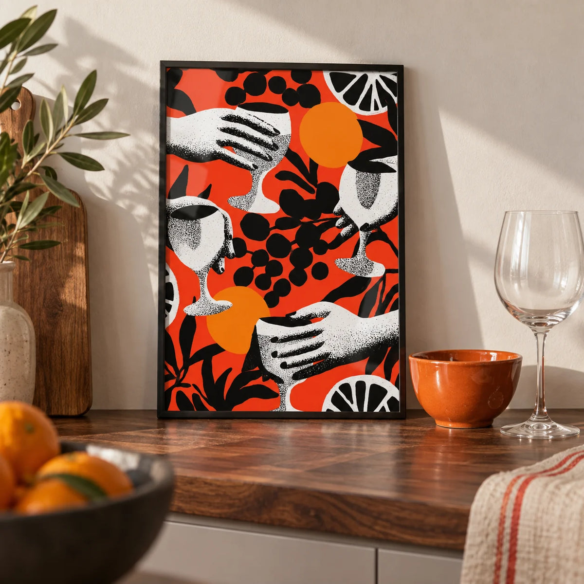 Abstract Drink Wall Art, a small A4 framed print leaning on a walnut kitchen worktop