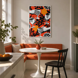 Abstract Drink Wall Art, framed on the wall of a small open-plan kitchen dining nook in a renovated UK terrace with a pale grey wall