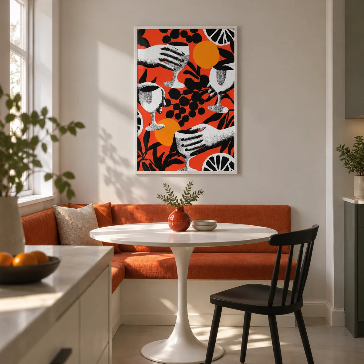 Abstract Drink Wall Art, framed on the wall of a small open-plan kitchen dining nook in a renovated UK terrace with a pale grey wall