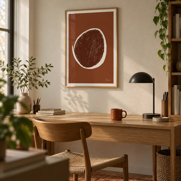 Abstract Earth Tone Art Print, framed on the wall of a calm home office