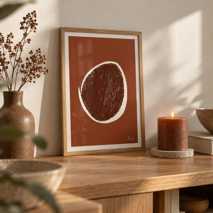 Abstract Earth Tone Art Print, a small A4 framed print leaning on an oak shelf in a living room