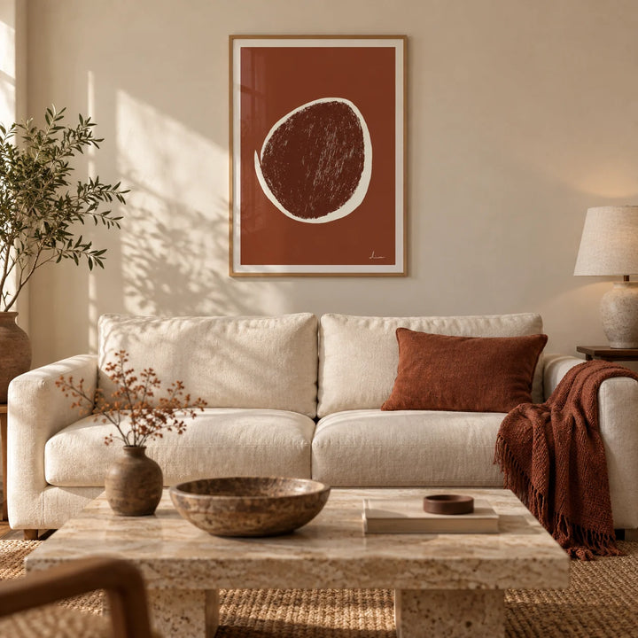 Abstract Earth Tone Art Print, framed on the wall of a warm earthy living room