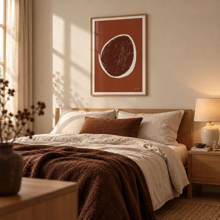 Abstract Earth Tone Art Print, framed on the wall of a warm minimal bedroom