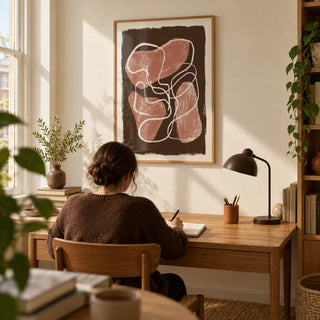 Abstract Earth Tone Print, framed on the wall of a quiet home study in a UK flat with a warm ivory wall and oak flooring