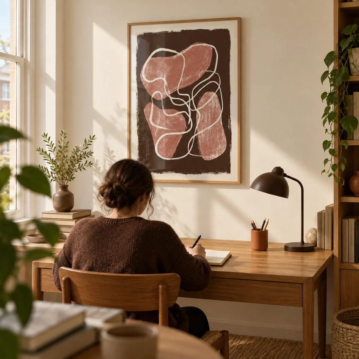 Abstract Earth Tone Print, framed on the wall of a quiet home study in a UK flat with a warm ivory wall and oak flooring