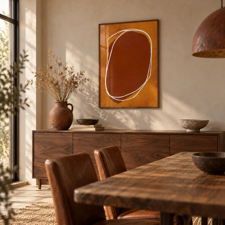 Abstract Earth Tone Wall Art, framed on the wall of a earthy dining room