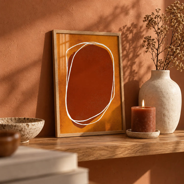 Abstract Earth Tone Wall Art, a small A4 framed print leaning on an oak shelf in a living room