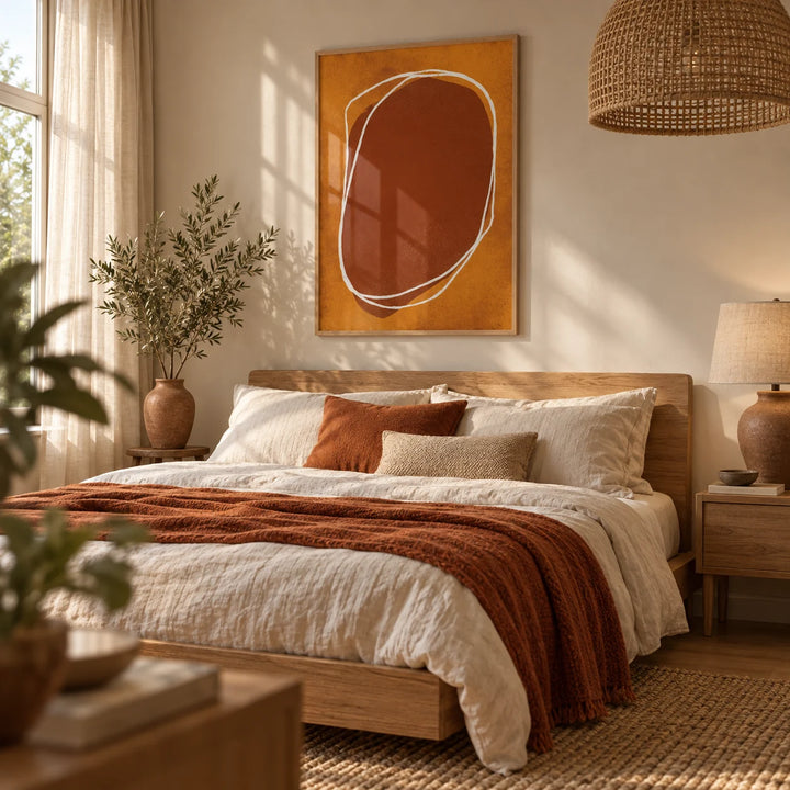 Abstract Earth Tone Wall Art, framed on the wall of a warm bedroom