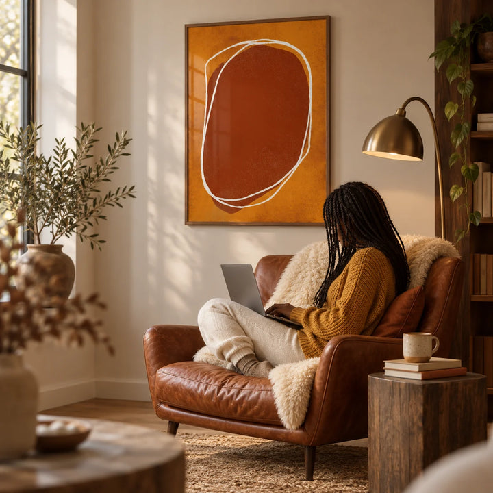 Abstract Earth Tone Wall Art, framed on the wall of a warm reading corner in a living room