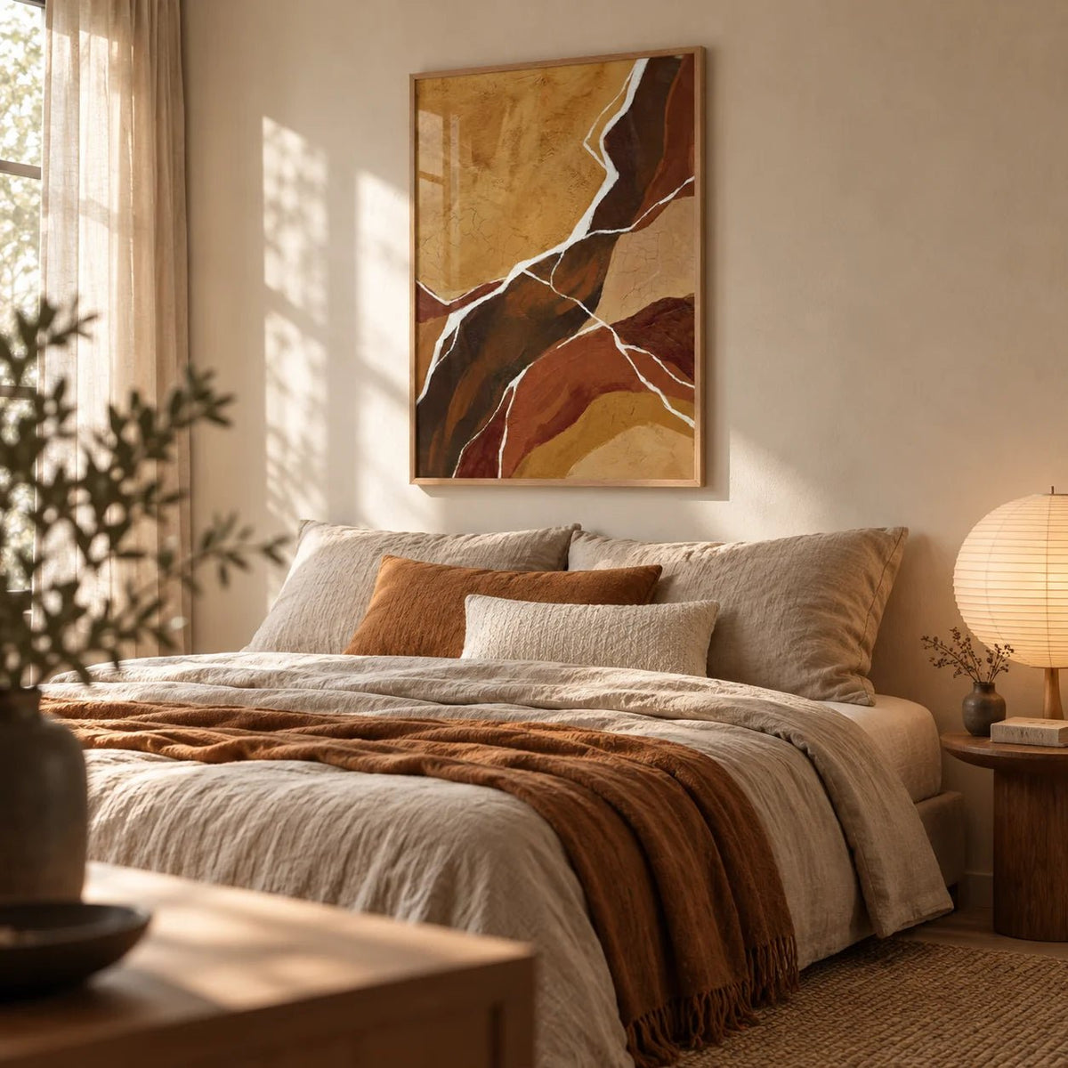 Abstract Earth Tones Art, framed on the wall of a calm bedroom