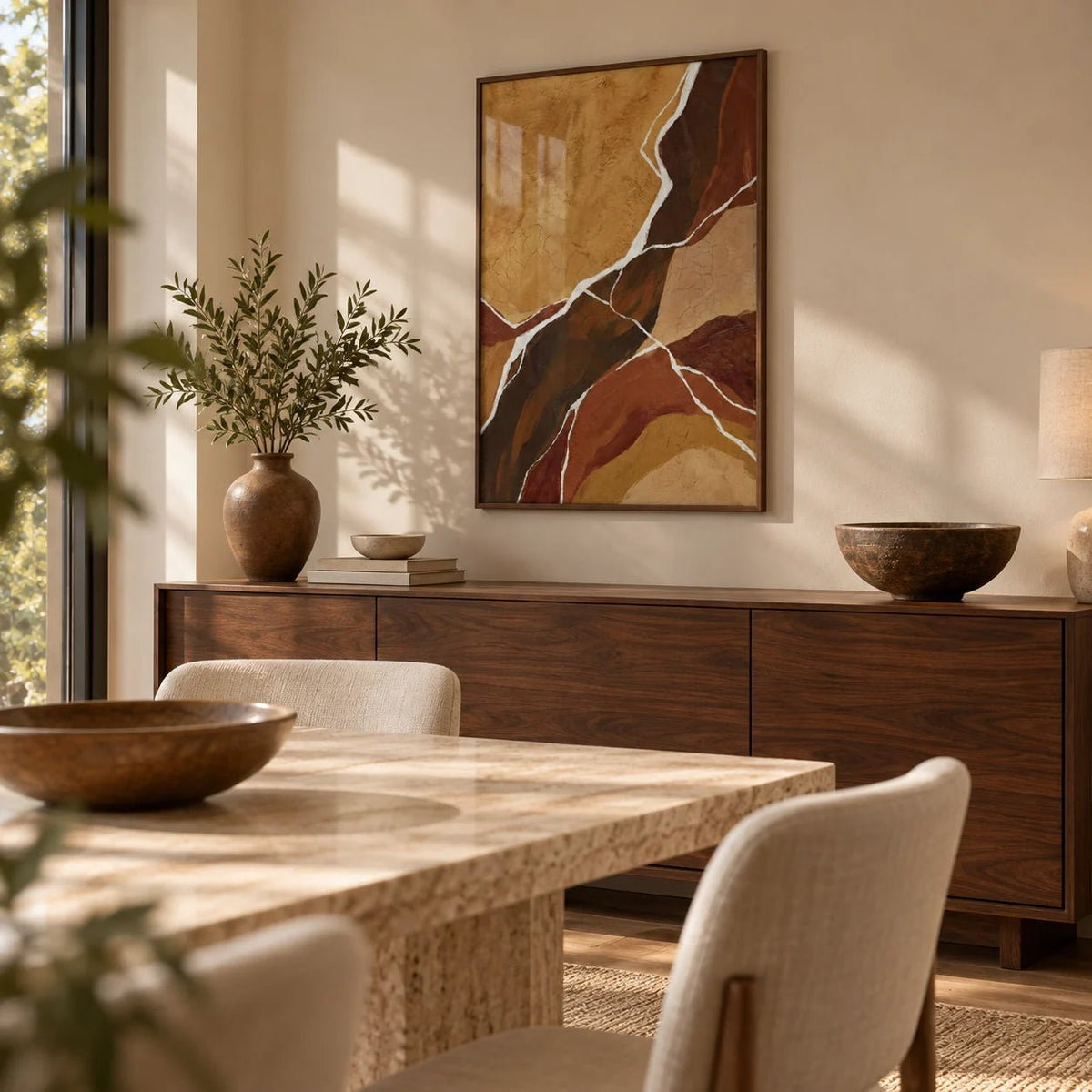 Abstract Earth Tones Art, framed on the wall of a calm dining room