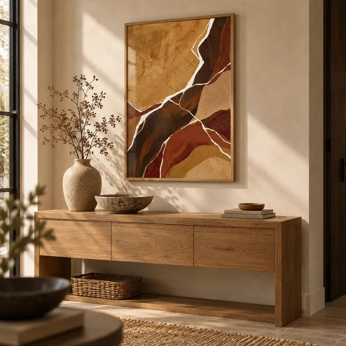 Abstract Earth Tones Art, framed on the wall of a calm entryway