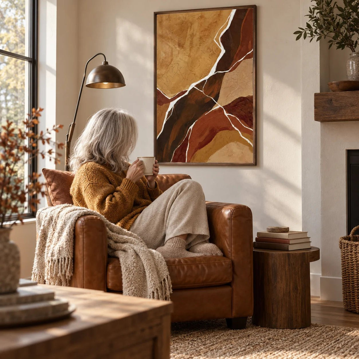 Abstract Earth Tones Art, framed on the wall of a reading corner in a living room
