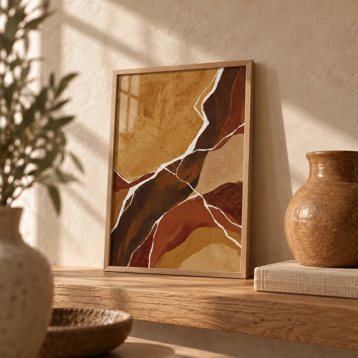 Abstract Earth Tones Art, a small A4 framed print leaning on an oak shelf in a living room