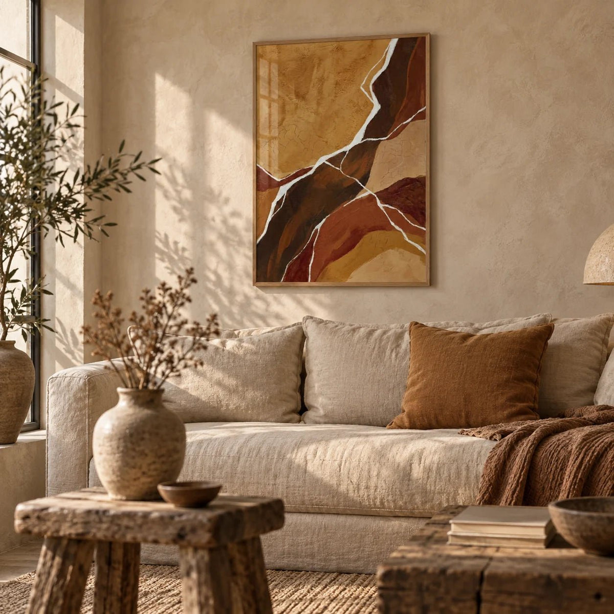 Abstract Earth Tones Art, framed on the wall of a wabi-sabi living room with a limewashed wall
