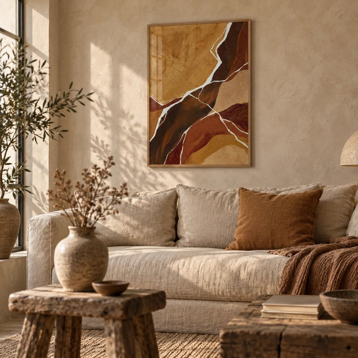Abstract Earth Tones Art, framed on the wall of a wabi-sabi living room with a limewashed wall