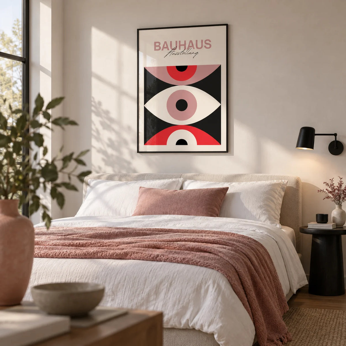 Abstract Eye Poster, framed on the wall of a crisp modern bedroom