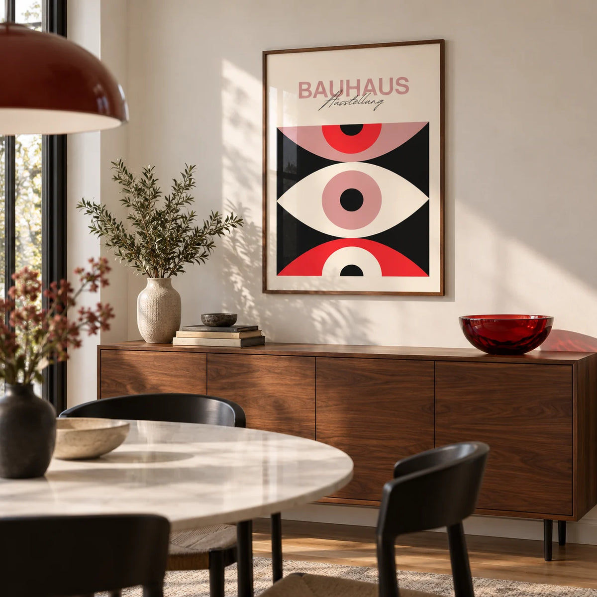 Abstract Eye Poster, framed on the wall of a modern dining room