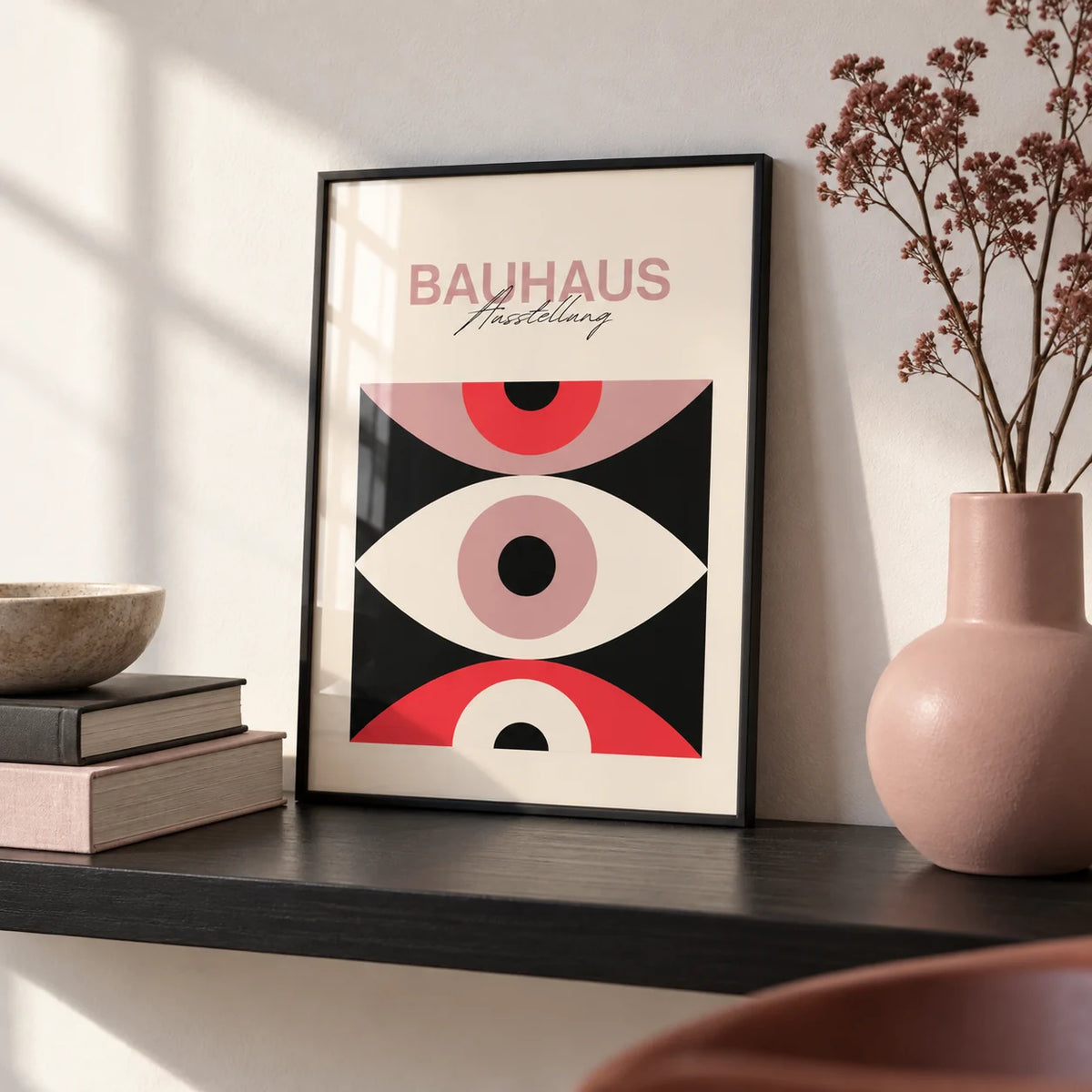 Abstract Eye Poster, a small A4 framed print leaning on a black shelf in a living room