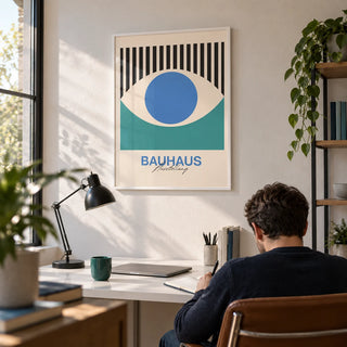 Abstract Eye Print, framed on the wall of a crisp home office