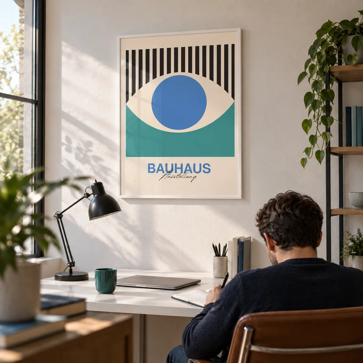Abstract Eye Print, framed on the wall of a crisp home office