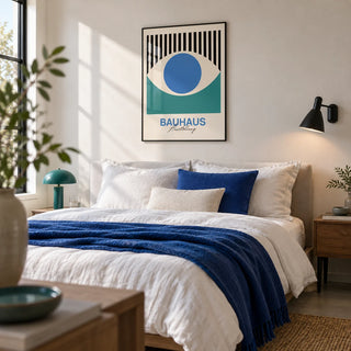 Abstract Eye Print, framed on the wall of a crisp modern bedroom