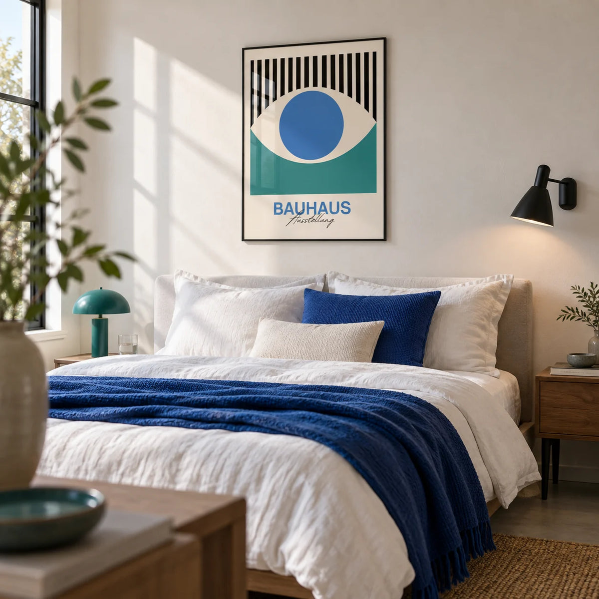 Abstract Eye Print, framed on the wall of a crisp modern bedroom