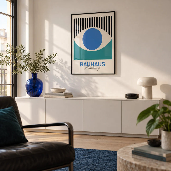 Abstract Eye Print, framed on the wall of a design-led city-flat living room