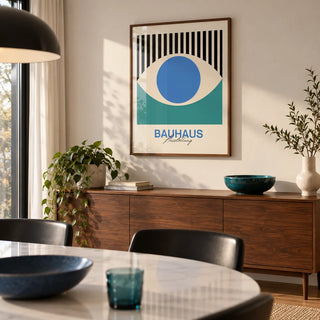 Abstract Eye Print, framed on the wall of a modern dining room